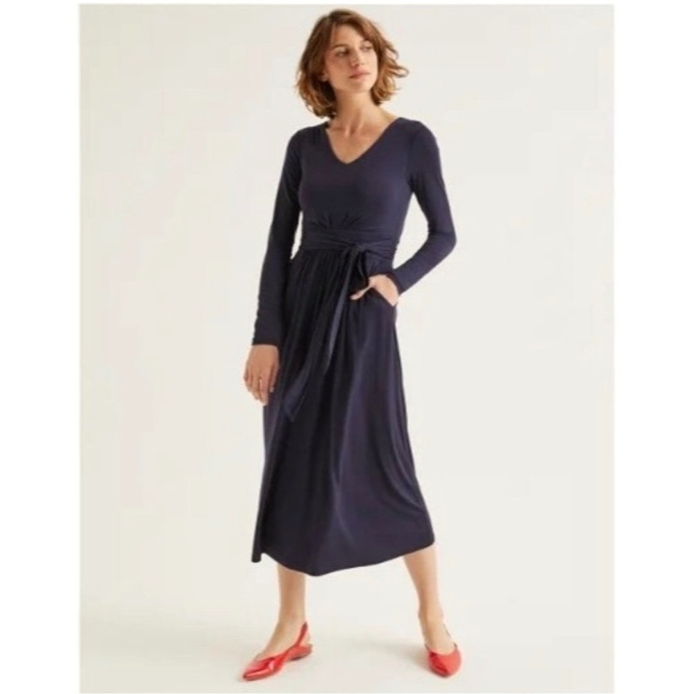 Boden Ferne Jersey Midi Dress Navy Blue V-Neck Long Sleeve A-Line Size 6R NEW
